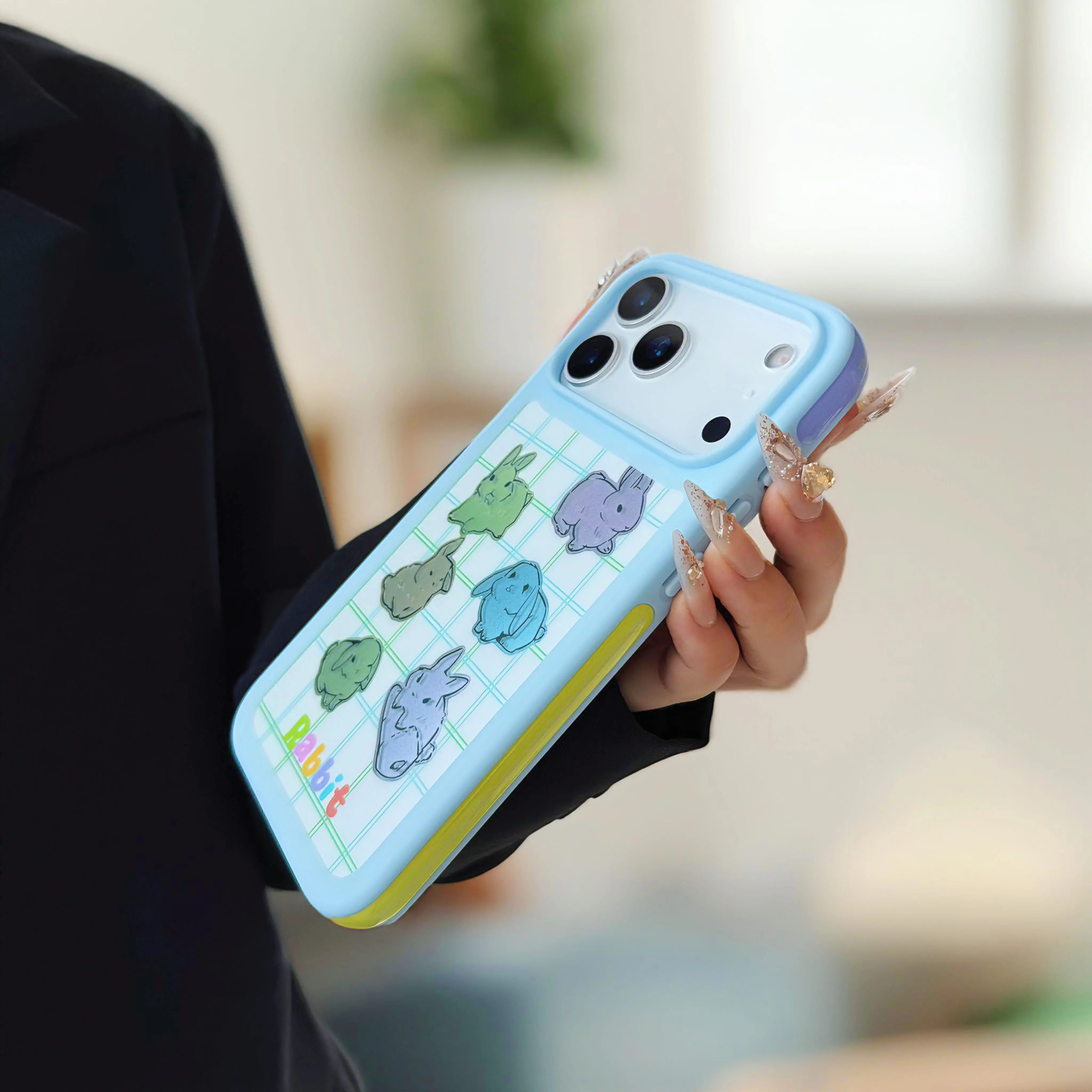 Cute Cartoon Animal Rabbit Border Protective Case for iPhone 17 Air 13 14 15 16 17 Pro Max Creative Color Dopamine Phone Case