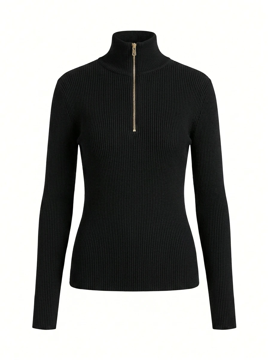 Trendy Half Zip Knit Top for Women Solid Black Ribbed Mock Neck Long Sleeves Party Outfit for Festival Casual Daily Pullover