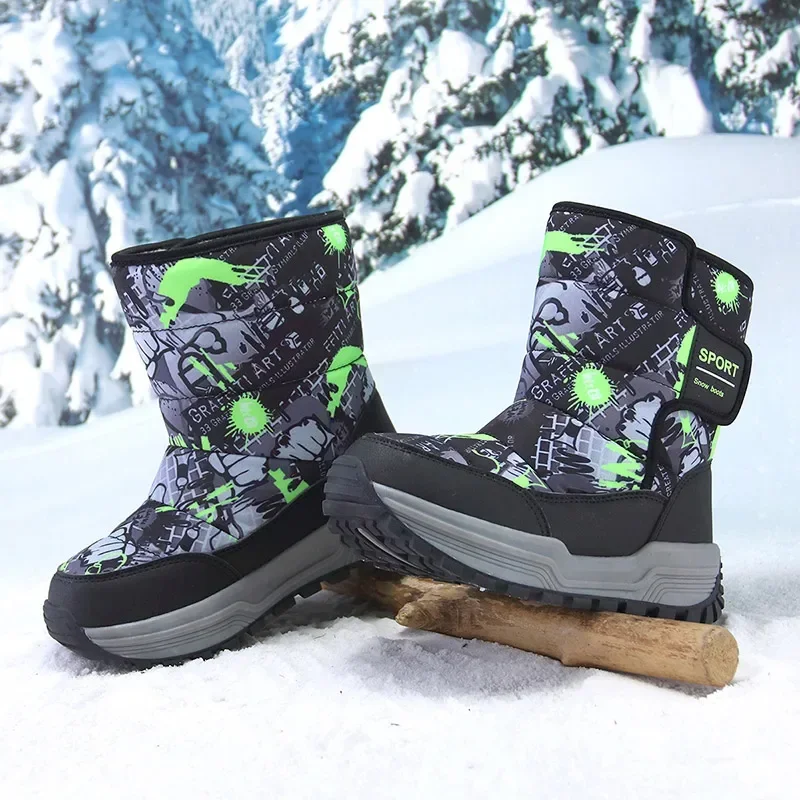 Botas de nieve para niños grandes, zapatos de piel cálidos de invierno, talla 31-39 #   Zapato de felpa para niños Calzado Camuflaje antideslizante Impermeable 222