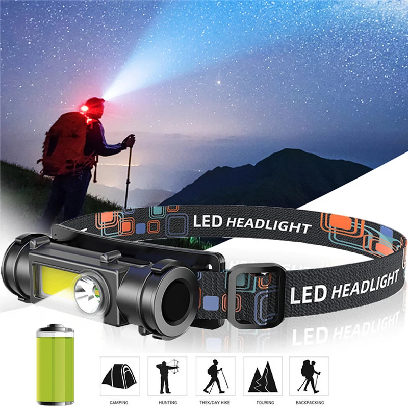 Portable COB LED Head Lamp Light with 18650 Lithium Battery USB Rechargeable Waterproof Flashlight Outdoor Camping Travel Light