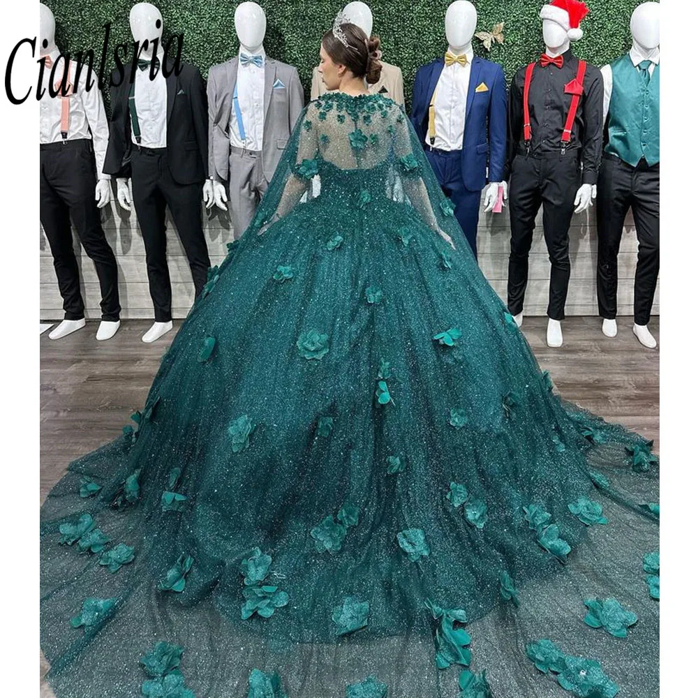 Flores verdes princesa quinceanera vestidos 2022 com cabo destacada contas de cristal doce 16 vestido de 15 años laço-up