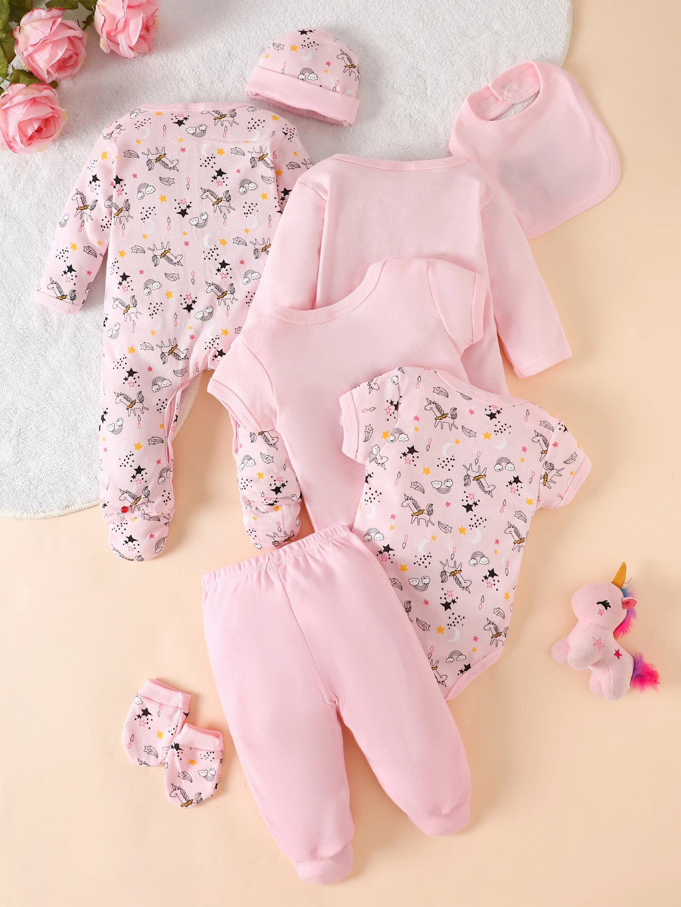 Newborn Baby Girls 8Pcs Gift Set Unicorn Print Cotton Footed Romper Bodysuit Pants Hat Bib Mittens Outfit 0‑8 Months
