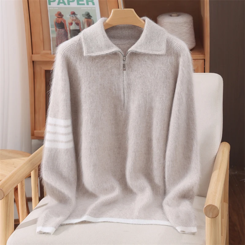 

New Wome 100%Mink Cashmere Sweater Turn-Down Collar Zipper Pullover Autumn Winter Soft Warm Clothing Mink Cashmere Knitwear Tops