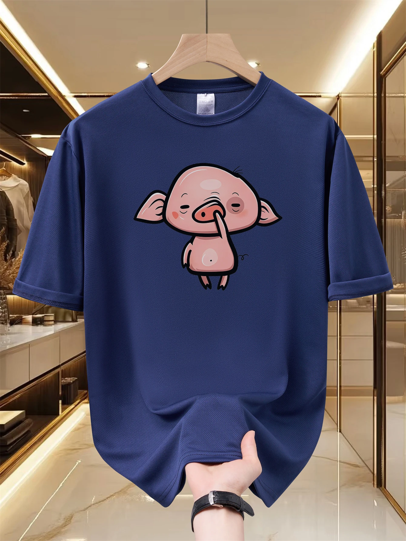 Men Funny Pick Nose Cartoon Pig Print T Shirt Summer Quick Dry Breathable Short Sleeve Tee Cute Animal Streetwear Tops