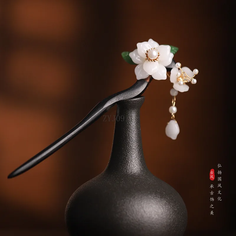 女の子のための中国の漢服の帽子,ヴィンテージのヘアスティック,箸,サンダルウッドの花のヘアピン,真珠のタッセルジュエリー,パーティーの帽子,新しい