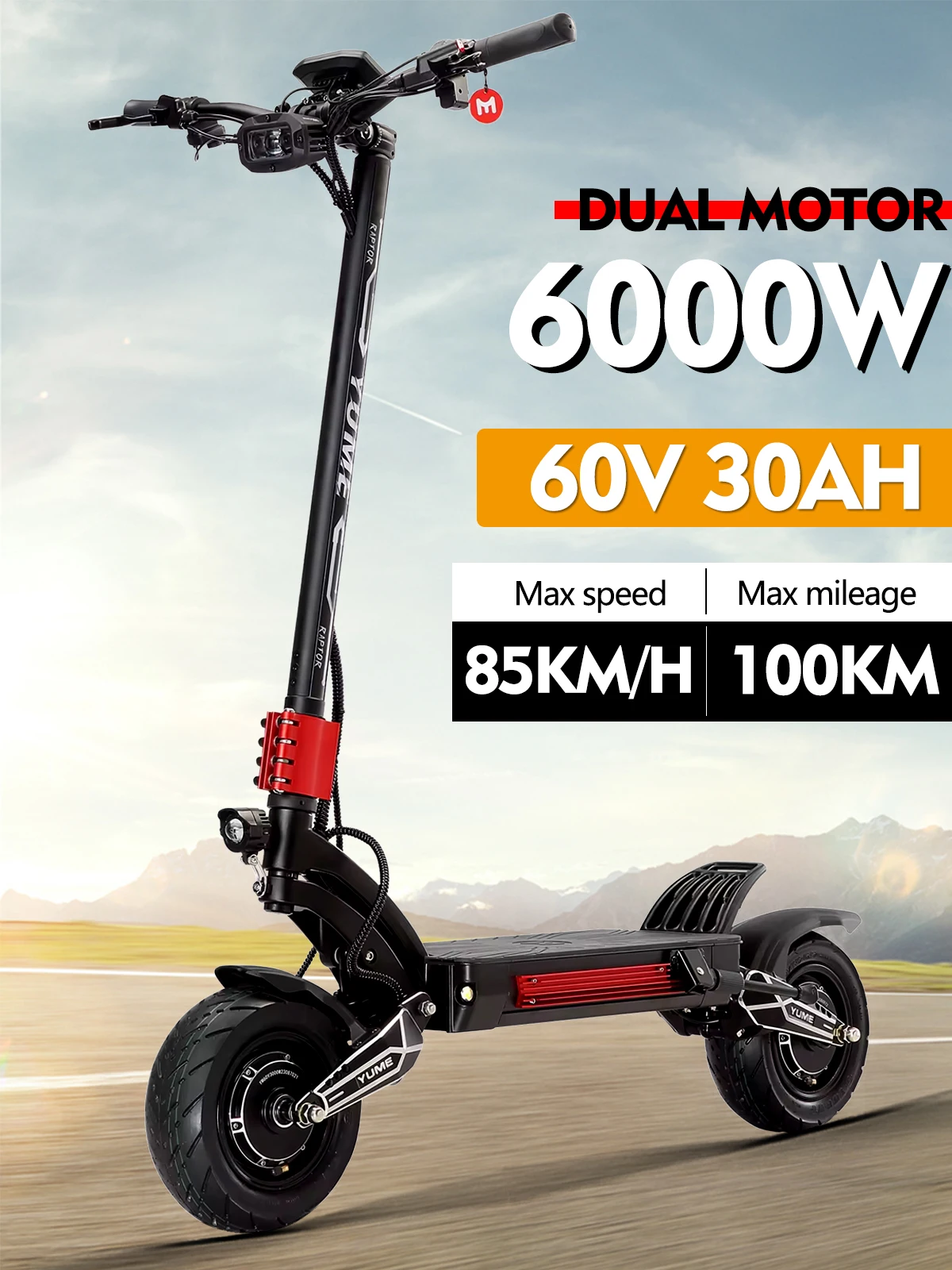 YUME Raptor 6000W Dual Motor Electric Scooter Adult Foldable Off-road Electric Scooter 60V-30AH Max Speed 85KM/H Max Range 100KM