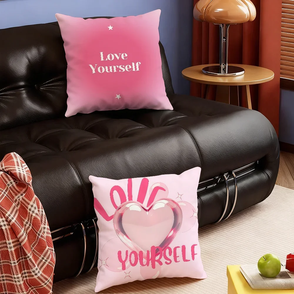 Cute Pink Love Yourself cushion cover Soft Smooth Hidden Zipper Washable Decorative Couch Office Housewarming Gift