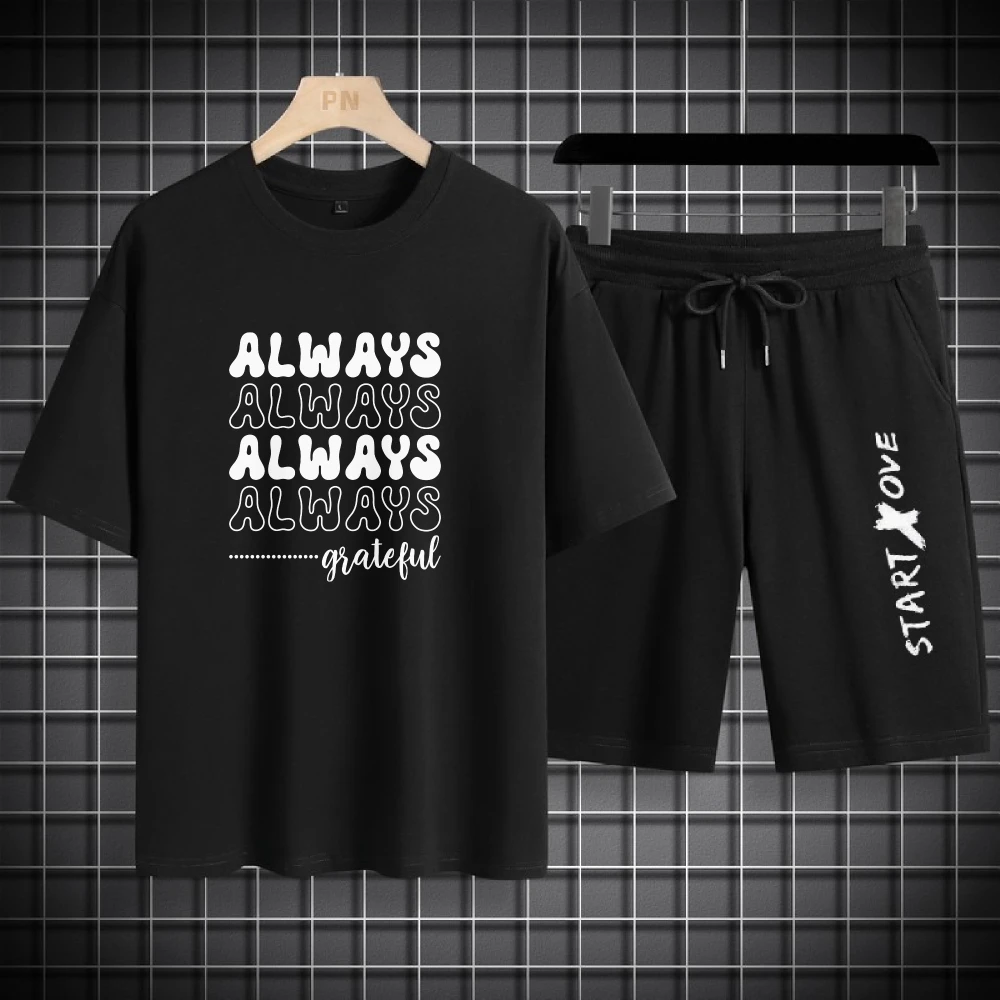 

2025 Repeated printing of English personalized printing suit Summer Tracksuit for Men Casual Thin Sport Two Piece Outfit gym set