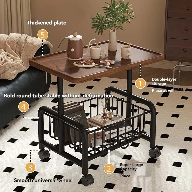Mobile coffee table, double-layer storage, edge table, living room sofa, corner of office bed, tea table, mini storage rack