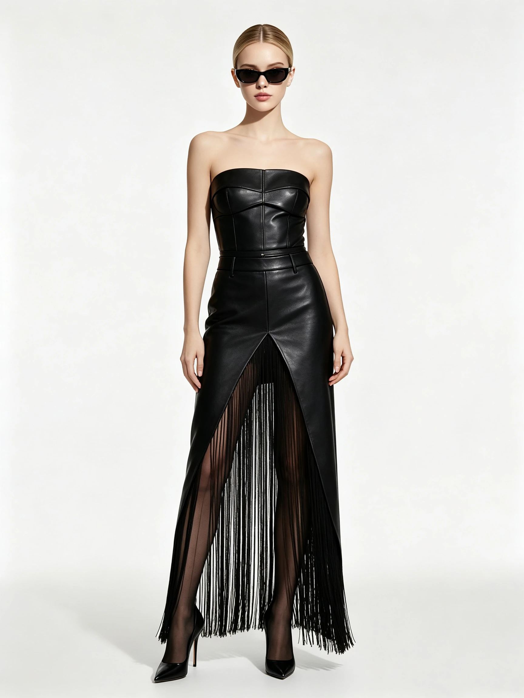Women's Faux Leather Strapless Gown with Corset Bodice and Long Fringe Detail