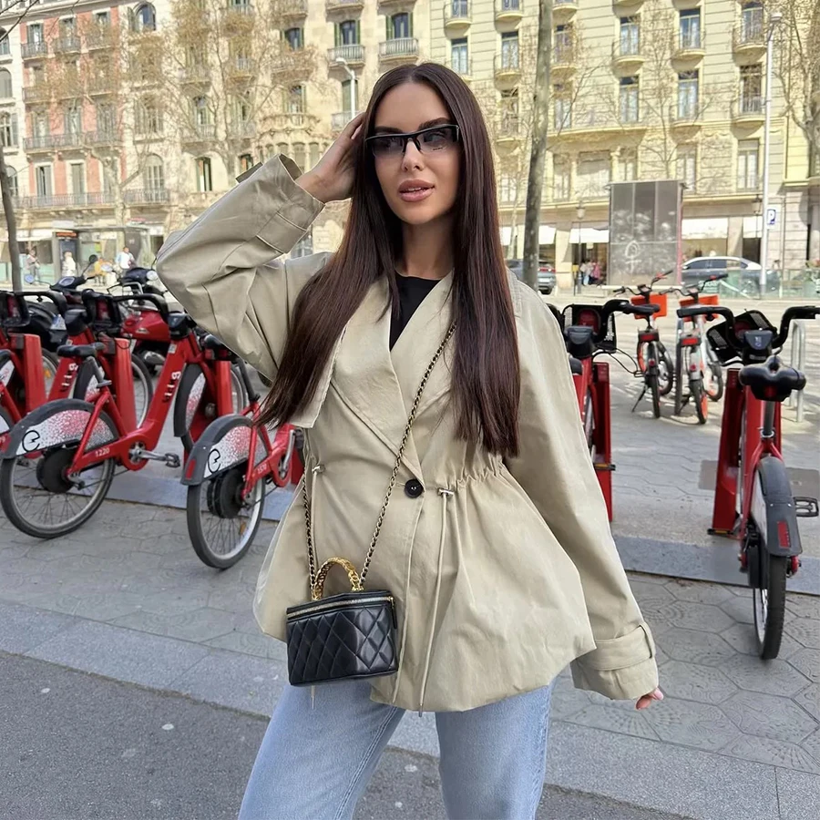 Damen Trenchcoat mit Revers, Modische Damenjacke mit Langen Ärmeln und Kordelzug, Windbreaker für Frühling und Herbst, Alltägliche Streetwear-Oberbekleidung