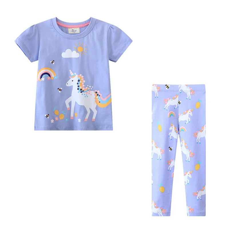 Jumping Meters Unicorn Girls Tshirts + Leggings Short Sleeve Children's Clothing Sets For Summer 2 Pcs Suit Kids Outfits Sets