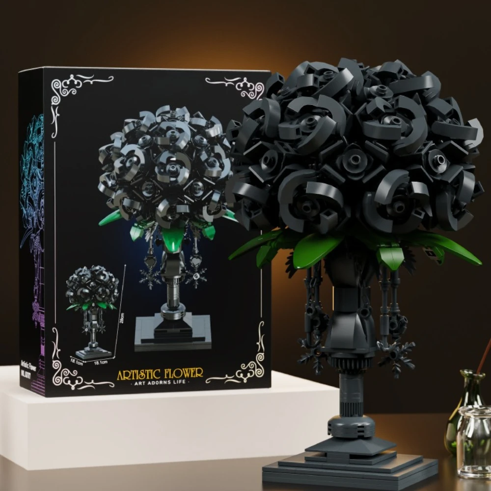 MOC خاص زهرة الورد الأسود هدية باقة اللبنات مجموعة غرفة الزفاف الديكور النبات لعب الأطفال هدايا عيد الحب #5