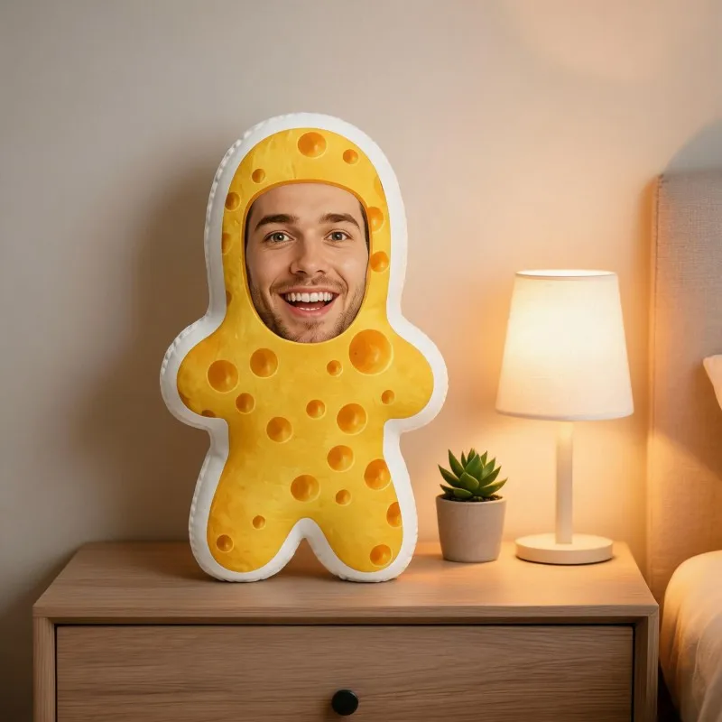 Custom Face Funny Cheese Costume Shaped Pillow, Personalized Photo Decorative Cushion with Smiling Expression, Unique Home Decor
