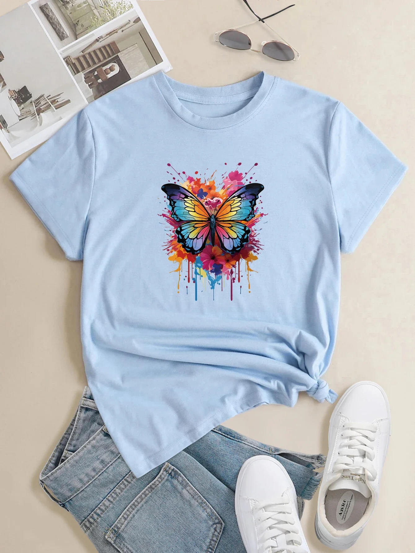 Crew Neck T Shirt Ombre Butterfly Print Women's Casual Loose Tops Short Sleeve Fashion Summer T-Shirts Women's Clothing