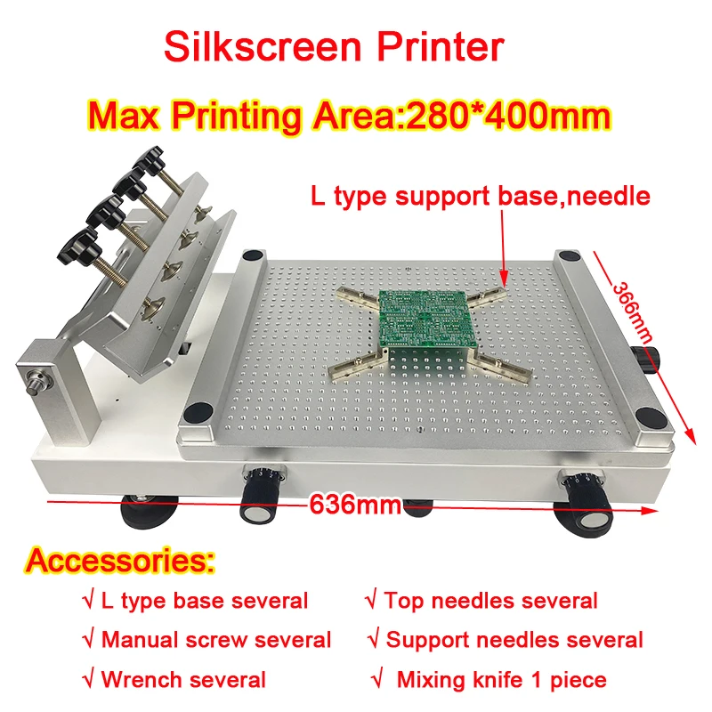 

Manual Oil Pressure Chip Silkscreen Printer 280x400mm Red Glue Printing Machine for SMT SMD Chip Repair Solder Paste Printing