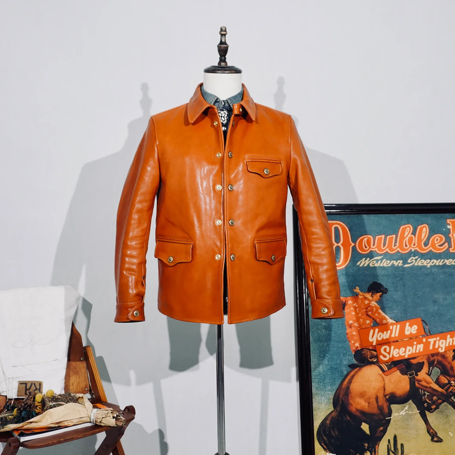 Tailor Brando Italian Full Grain Vegetable Tanned Horse Leather Men's Classic Switchman Vintage Genuine Leather Jacket