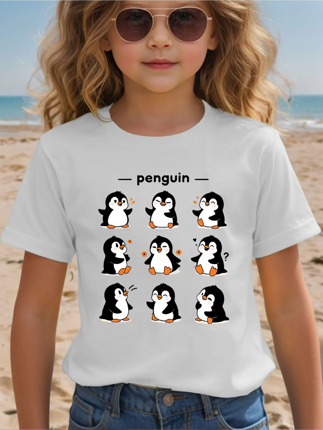 Cute Various Expression Penguin Cartoon Graphic Kids T Shirt Boys Girls Family Matching Parent Child Summer Crew Neck Casual Tee