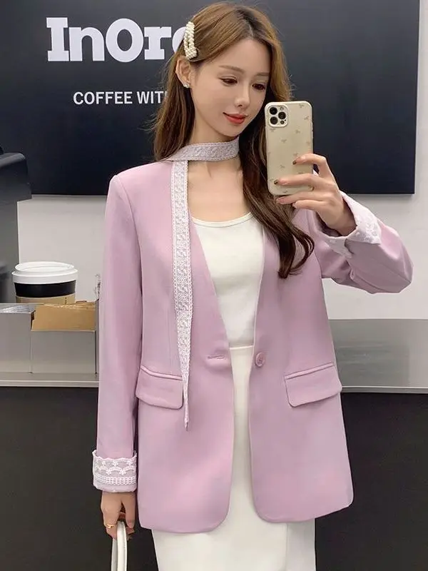 

Spring 2026 Korean Sle Lace Detailing Casual Suit Jaet with Saes Ele Loose Fit Women's Polyester Long Sve Coat