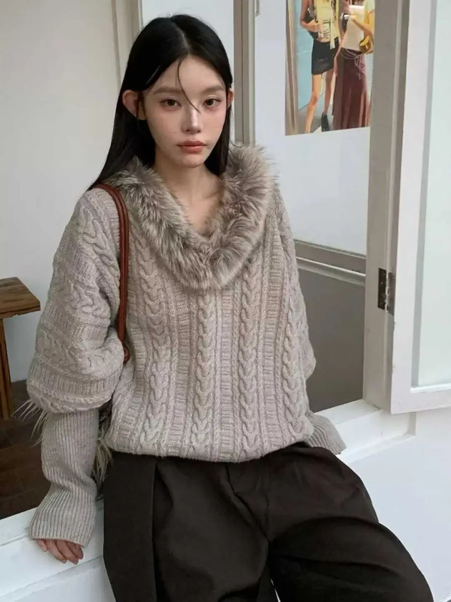 

Винтажный женский свитер - рукав «летучая мышь» с V-образным вырезом и воротником из искусственного меха, пуловер в ленивом стиле, большой вязаный зимний элегантный топ свободного покроя