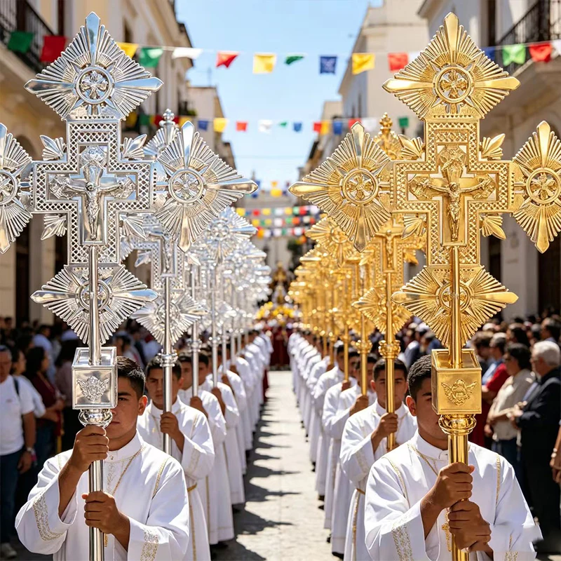 Best Selling Premium Silver Plated Processional Crucifix Carved Sun Radiant Frame Orthodox Parade Cross Chapel Religious Ritual
