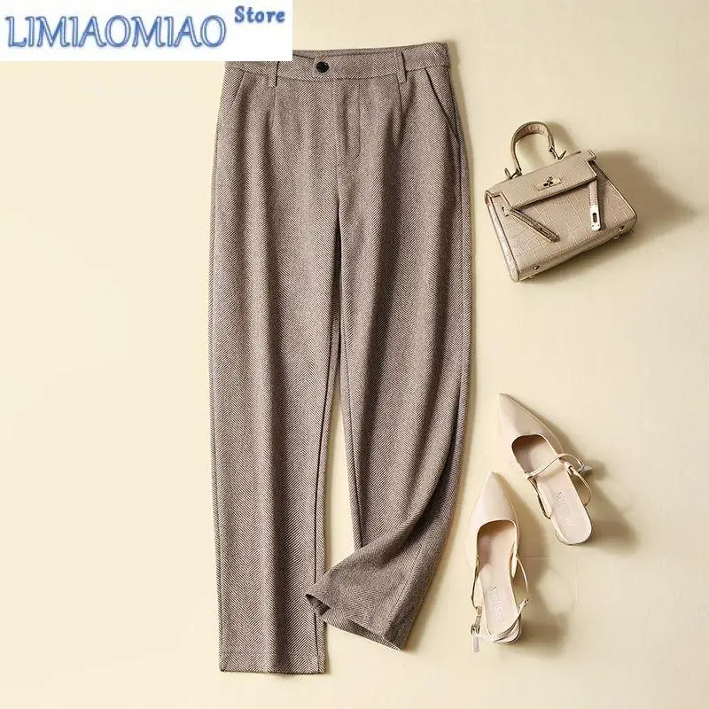 

New Autumn Winter Herringbone Woolen Casual Pants Trend Commuter Casual Pants Small Thick Straight Leg Nine Pants Women