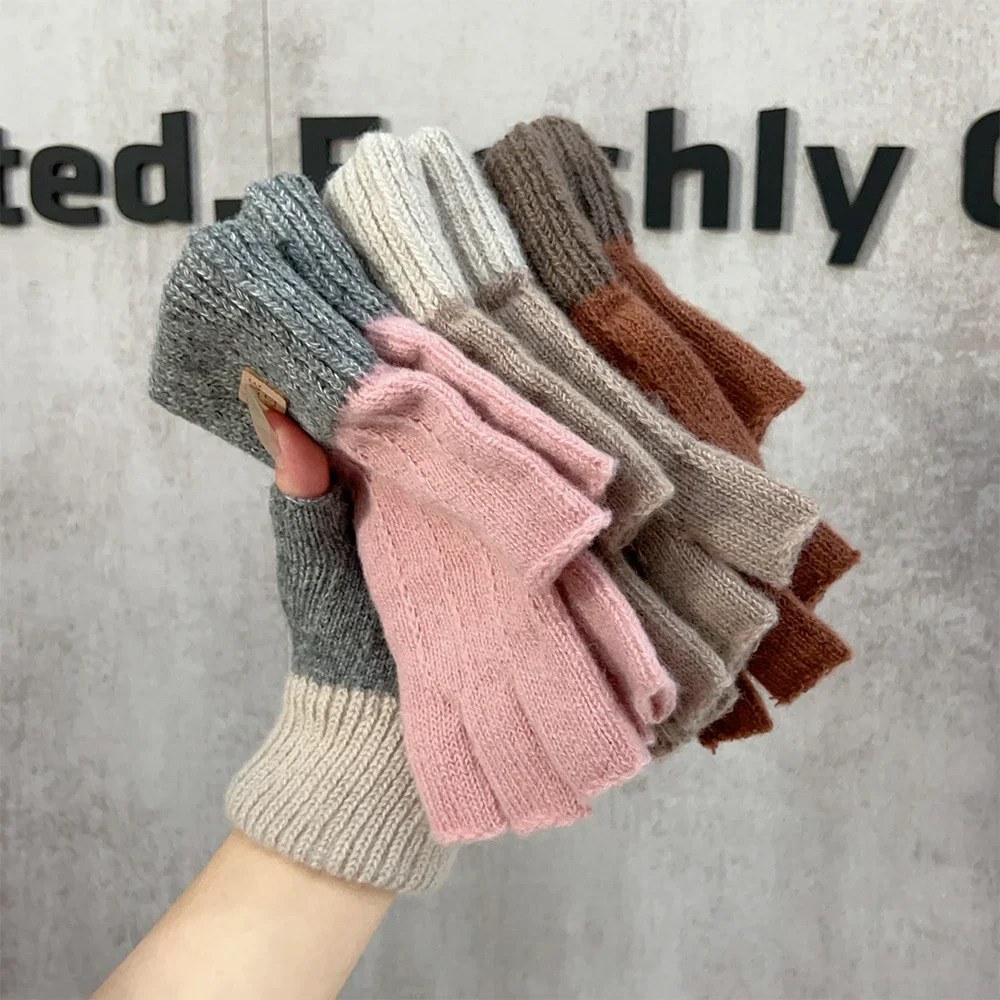 2024 New Thick Half Finger Gloves for Men Winter Warm and Cold Leak Five Finger Couple Female Students Knitted Wool Write