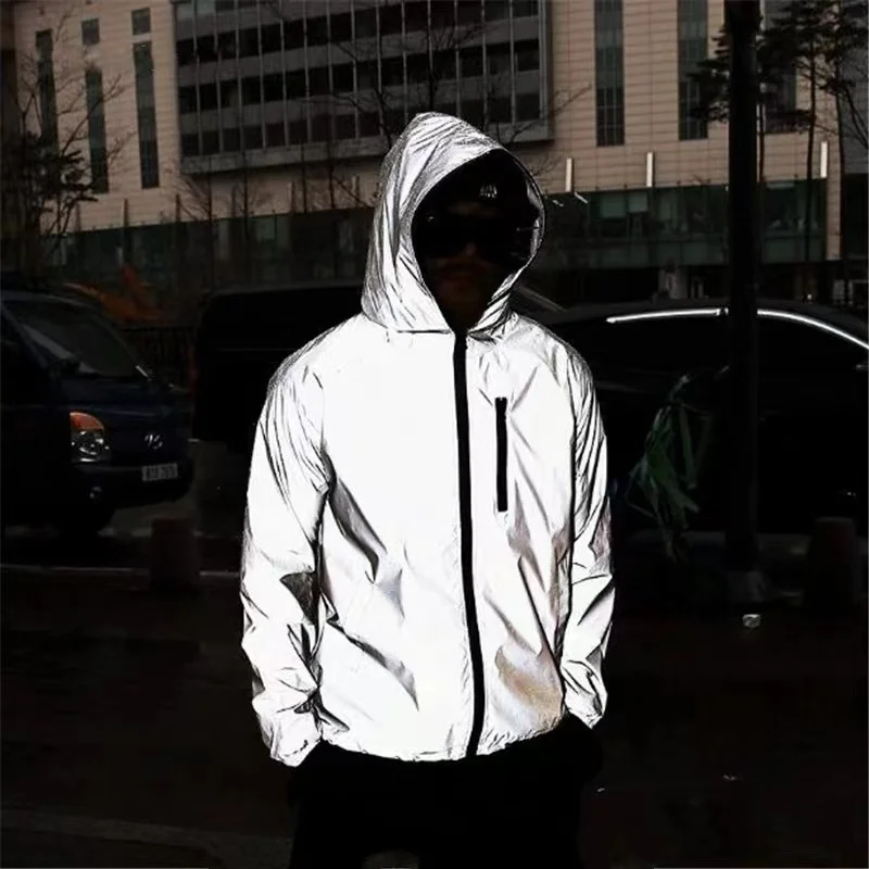 

Men's thin bright silver reflective jacket Cycling fully reflective hooded jacket Windproof windbreaker for night running