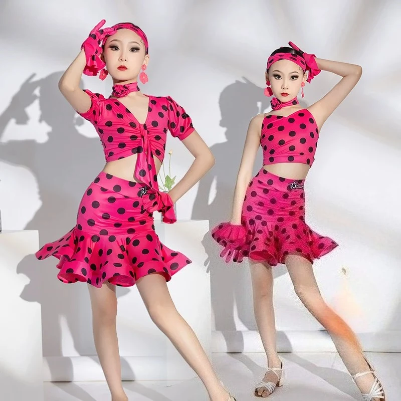 New Kids Samba Rumba Chacha Latin Dance Clothes Girls Wave Point Latin Dance Costumes Stage Performance Practice Wear