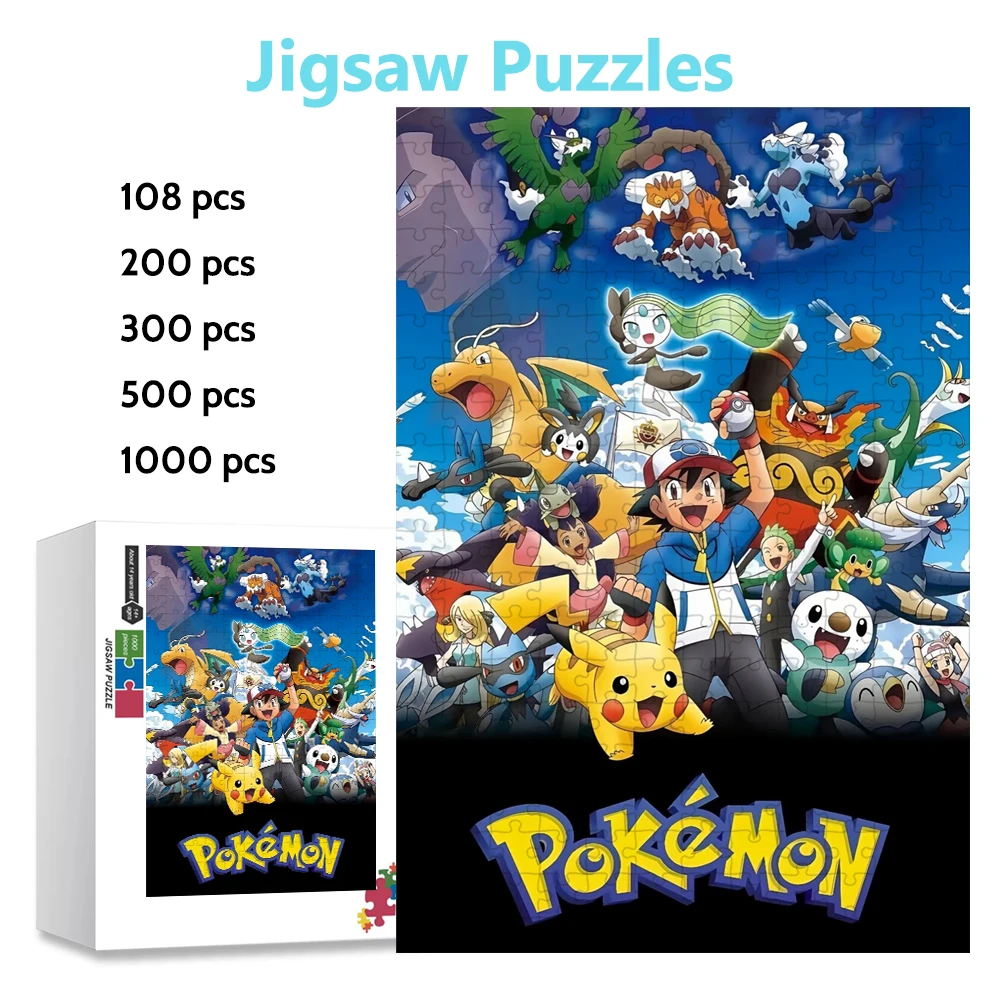 108/200/300/500/1000 Pieces Pokemon Puzzles for Children Intelligence Game Toys Pikachu Cartoon Jigsaw Puzzles Handmade Hobbies