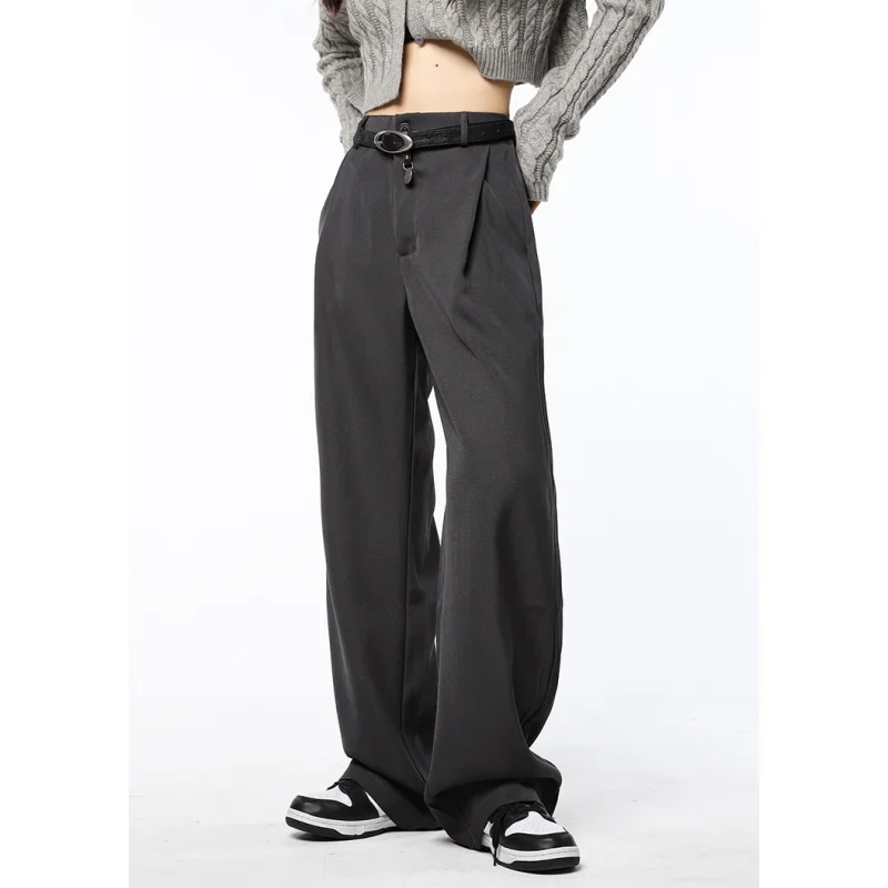 Grey Womens Suit Pants High Waist Vintage Straight Baggy Pants American Streetwear Style Fashion New Loose Wide Leg Trouser