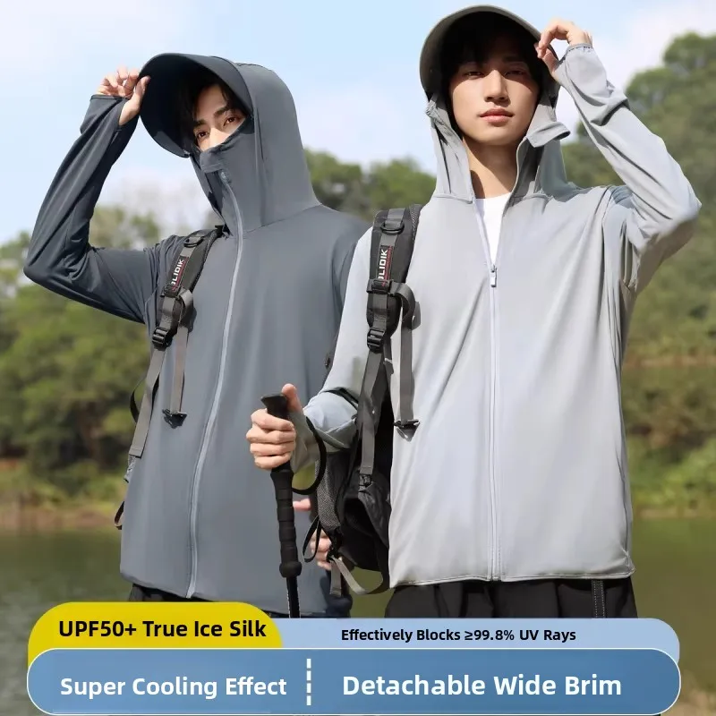 

Ice Silk UV Protection Clothing Unisex Breathable Fishing Jacket Detachable Cap Sleeve Long Zipper Closure Polyester Fabric