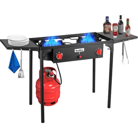 2 Burner Camping Stove with Auto Ignition Button and Side Shelves Adjustable Regulator 150 000 BTU Propane Gas Stove with Remov