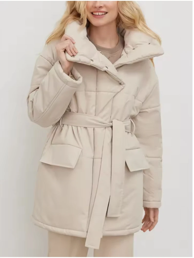 سترات نسائية دافئة من القطن منتفخة سترة مبطنة للنساء معطف شتوي فضفاض سترات خارجية بحزام عتيق سترات مكتبية للأسفل