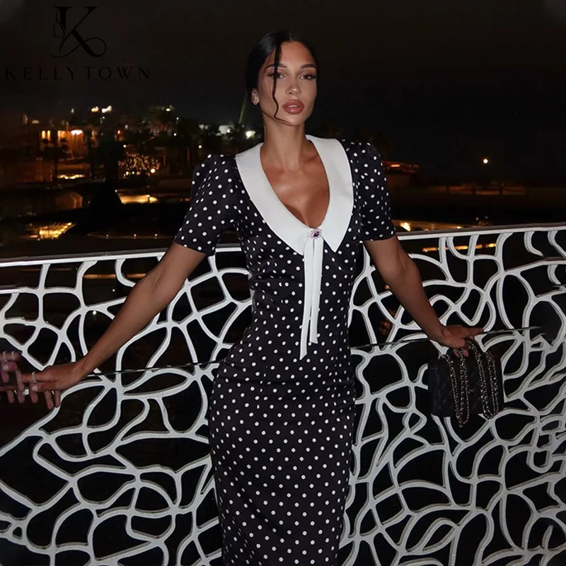 

Polka Dot Midi Dress Female Patchwork Black Dress Sexy Fashion Office Outfits Summer Short Sleeve V Neck Bodycon Dress Elegant