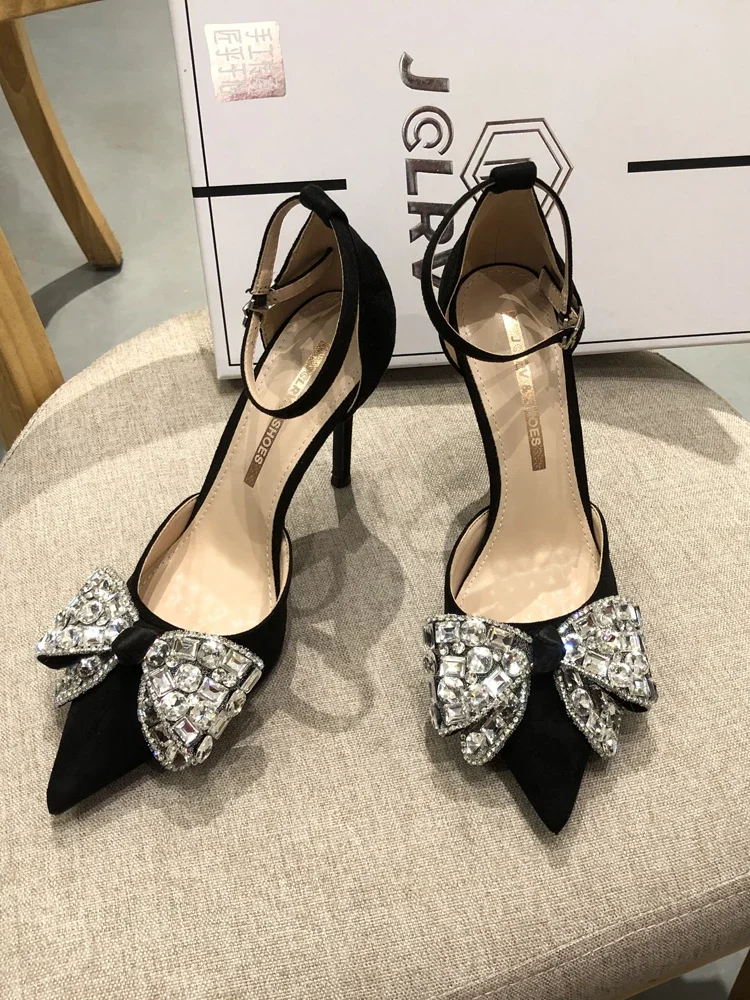 

Black pointed high heels rhinestones hollow one line buckle sandals, versatile for women new women's shoes for spring 2024