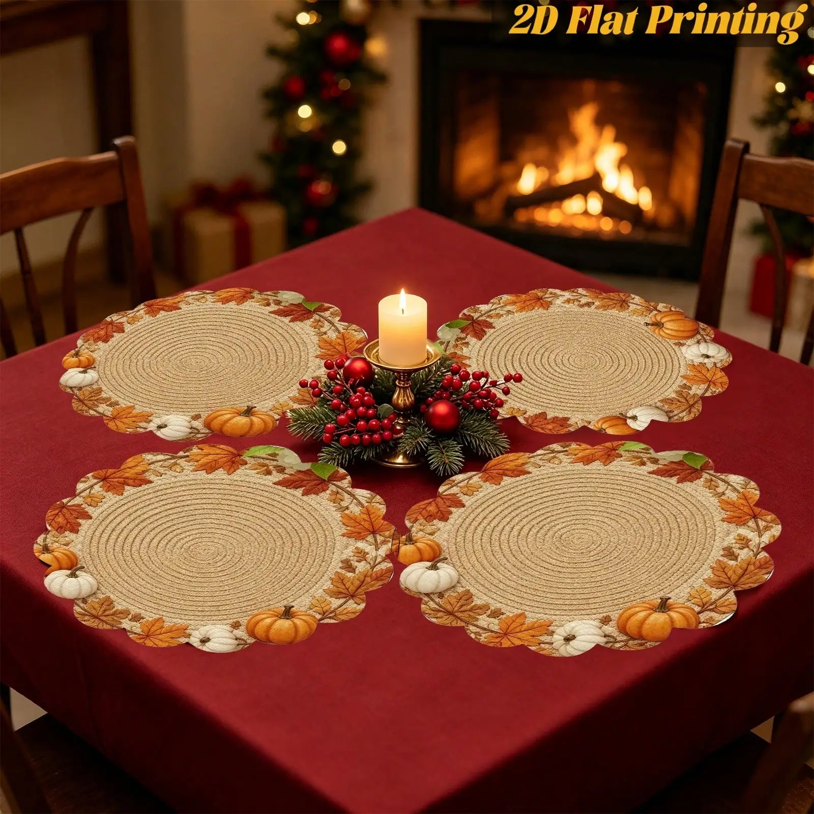 6PCS Fall Pumpkin Maple Leaf Scalloped Placemat | Household Meals,Kitchen Bar Counter,Portable Table Accessory,2D Flat Print | Thanksgiving & Christmas Gifts