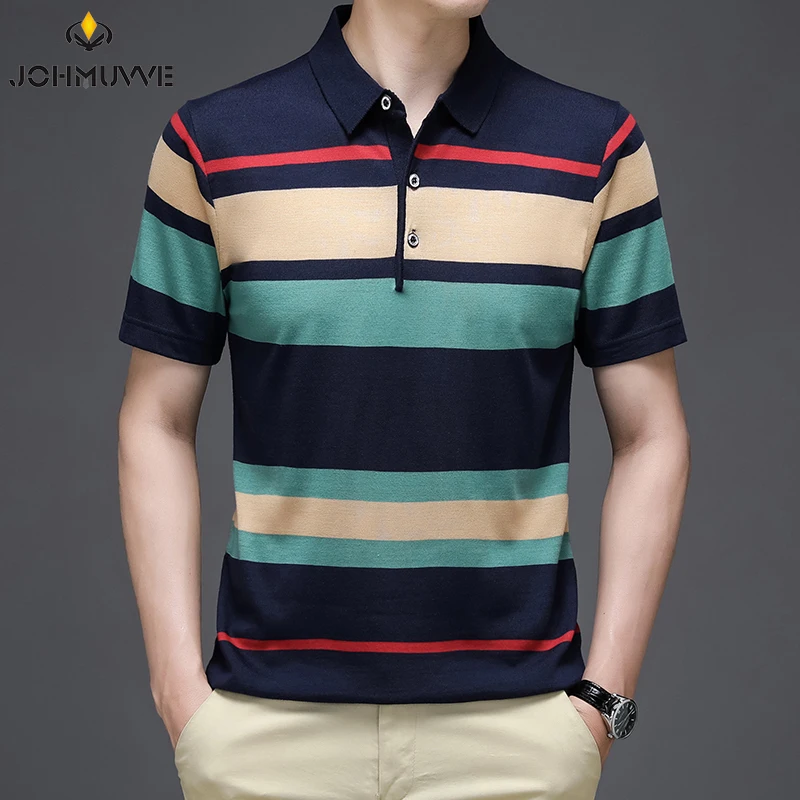 2024 Summer New Men\'s Knitted Stripe Short Sleeved POLO Shirt Comfortable and Cool Casual Fashion T-shirt