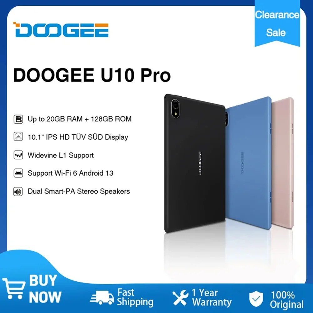 

DOOGEE U10 Pro Tablet 10.1" IPS TÜV SÜD Certified Quad Core 20GB(8+12) 128GB Support WiFi6 Widevine L1 Android 13 Dual Speakers