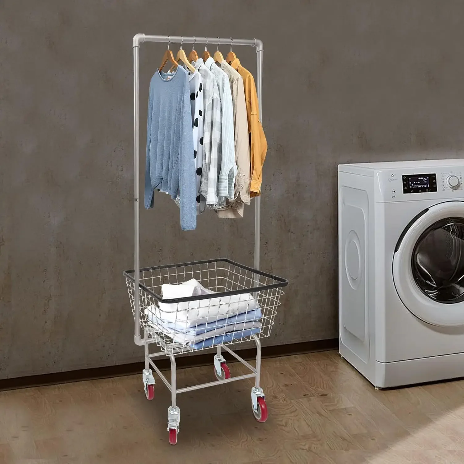

Laundry Cart Wire Storage Basket With Hanging Rack Metal Hamper Rolling Wheels