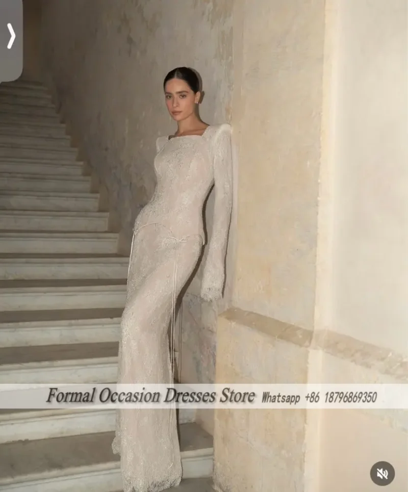 Stunning Two Pieces Wedding Dresses Long Sleeves Lace Square Civil Bridal Gowns Vestidos Novias Boda Evening Dress Customized