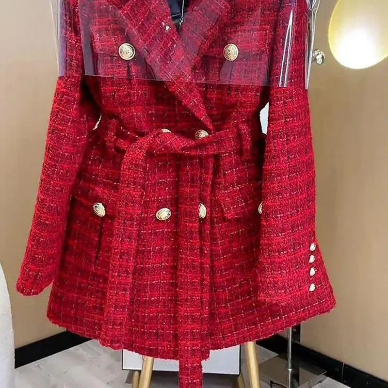 Novo feminino tweed outerwear primavera outono senior senso vermelho terno jaqueta senhora casual blazer escritório roupas femininas profissionais