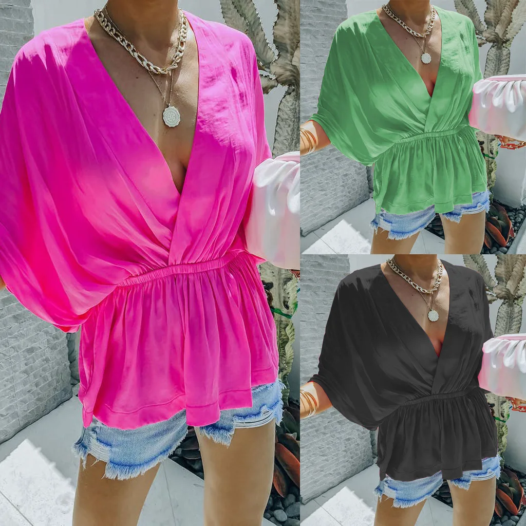 2025 Primavera/Novedad de verano Camisa de manga corta de moda informal con cintura elástica y cuello en V de algodón 22133