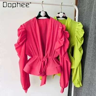

Vintage Puff Sleeve V-Neck Shirt Women Fashion Three-Dimensional Ruffle Lace-Up Slim Pleated Long Sleeve Commuting Style Shirts