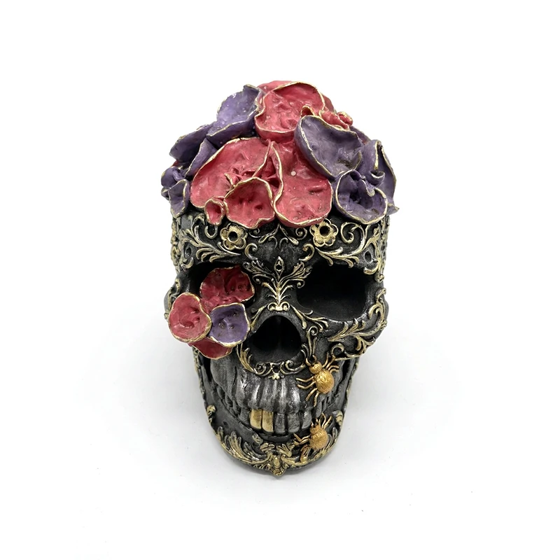 Halloween Sugar Skull Statue Day of The Dead Floral Skull Sculpture Resin Gothic Home Garden Decor Dia de Los Muertos Party Prop