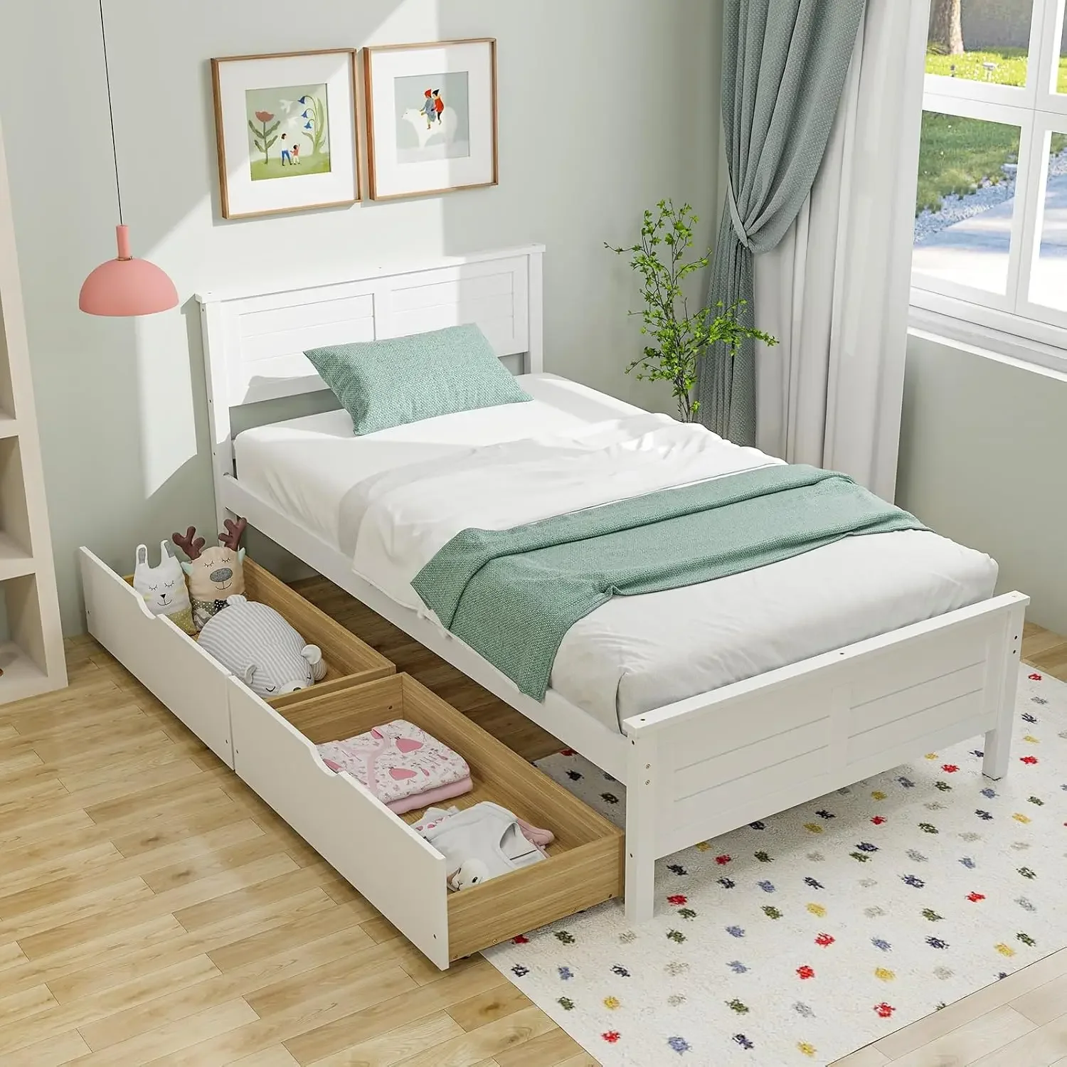 Wood Twin Bed with 2 Storage Drawers Solid Wood Platform Bed with Headboard Wooden Slats Support Mattress Foundation