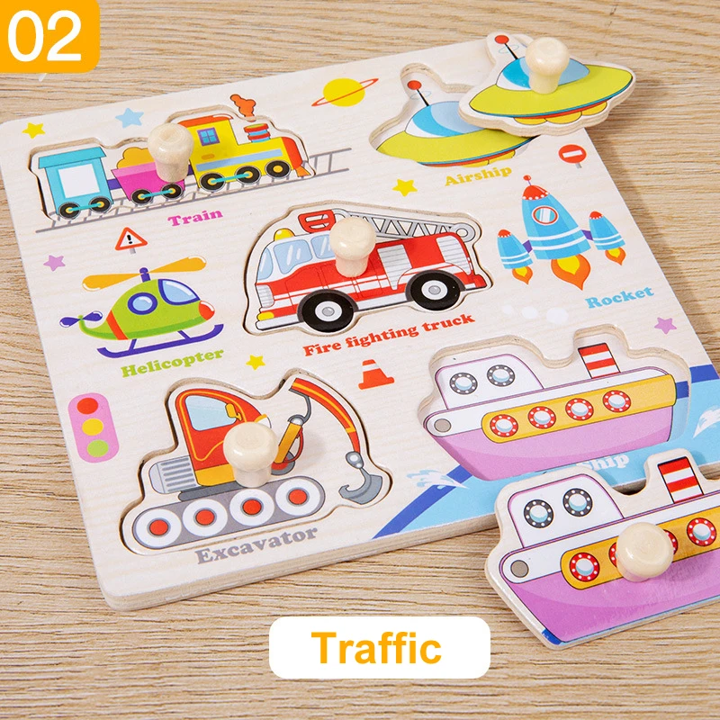 Holzpuzzle Montessori Spielzeug für Kinder Cartoon Tier Verkehr Hand Greifbretter Frühes Lernen Lernspielzeug für Kinder