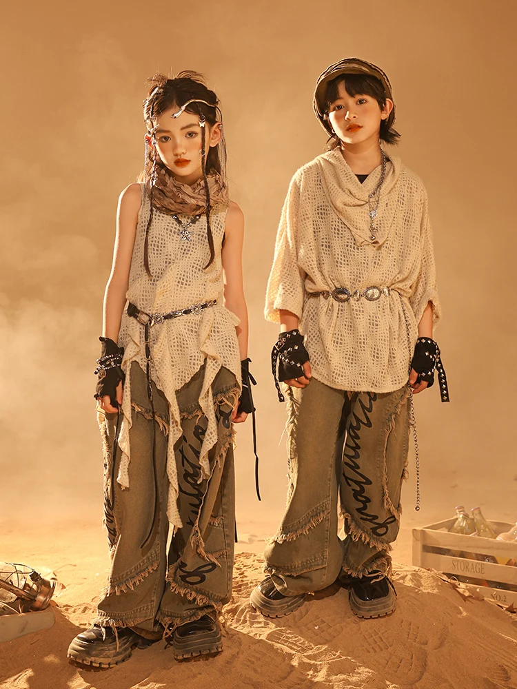 Children's Hiphop Performance Outfit Girls Jazz Dance Set Desert Sandstorm Style Trendy Clothing Stage Performance Costume