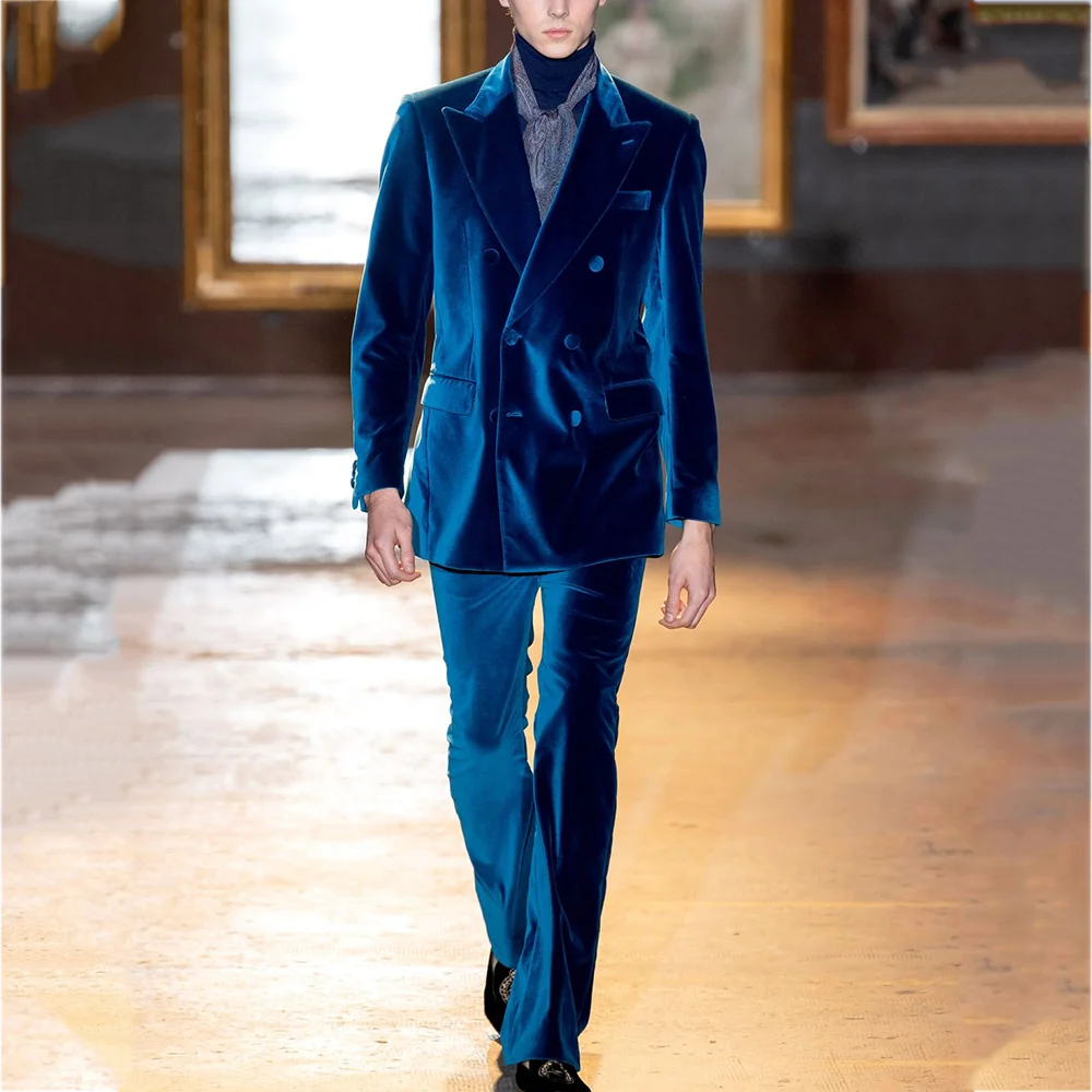 

High Quality Velvet Suit For Men Double Breasted Peak Lapel Formal Set Two Piece Gentleman Wedding Groom Outfit Customized