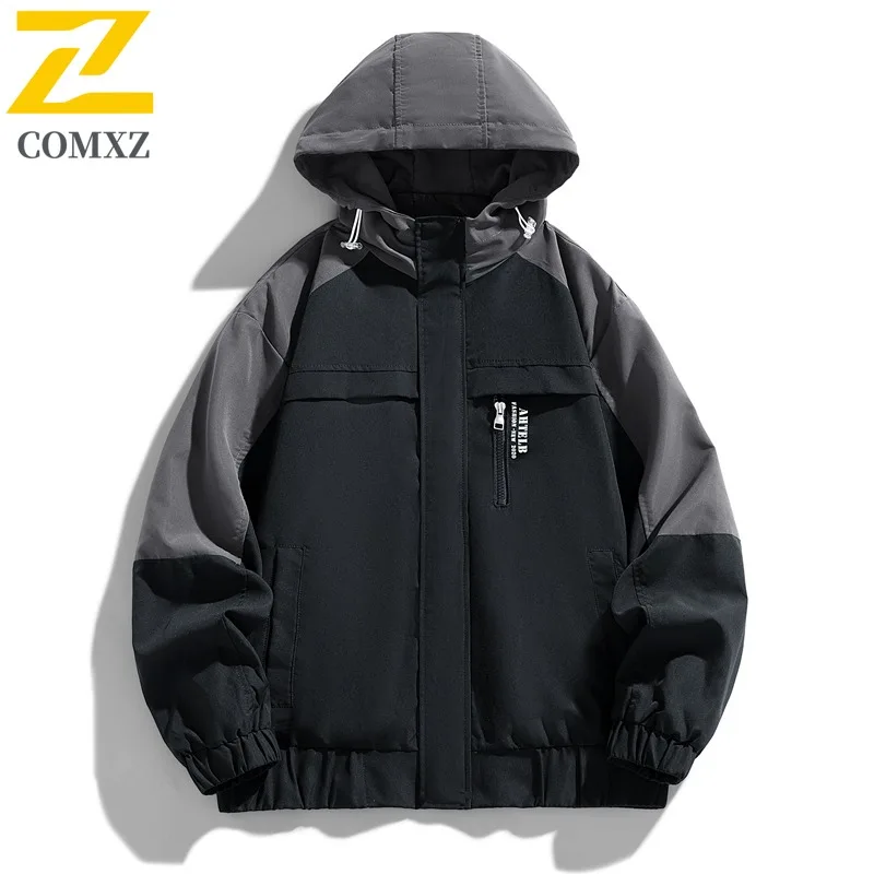 

COMXZ Men Valley Jackets Color Block Loose Versatile Hiking Hooded Breathable Camping Racing Jacket Travel Wear Resistant Coat